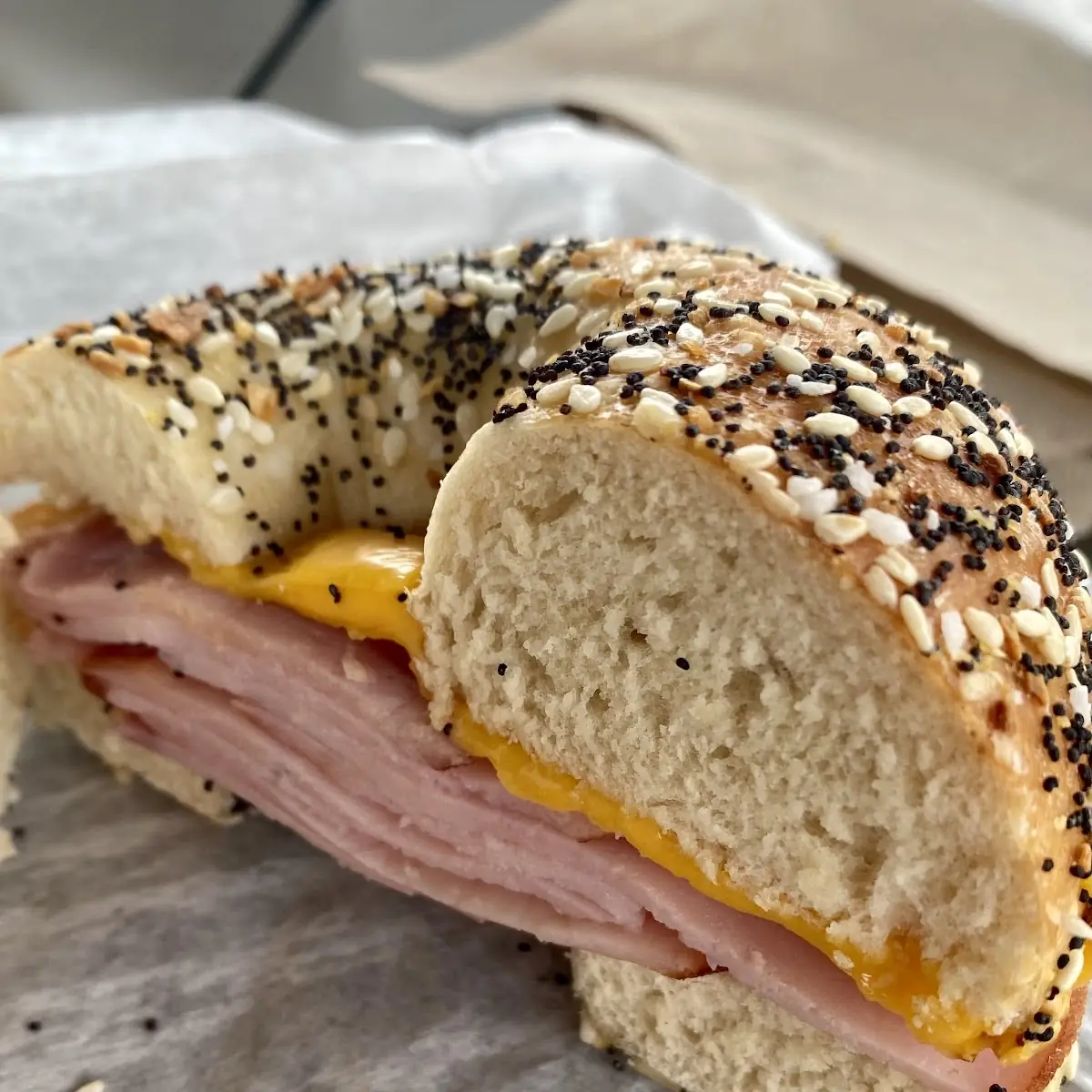 Ham and Cheese on Everything Bagel
