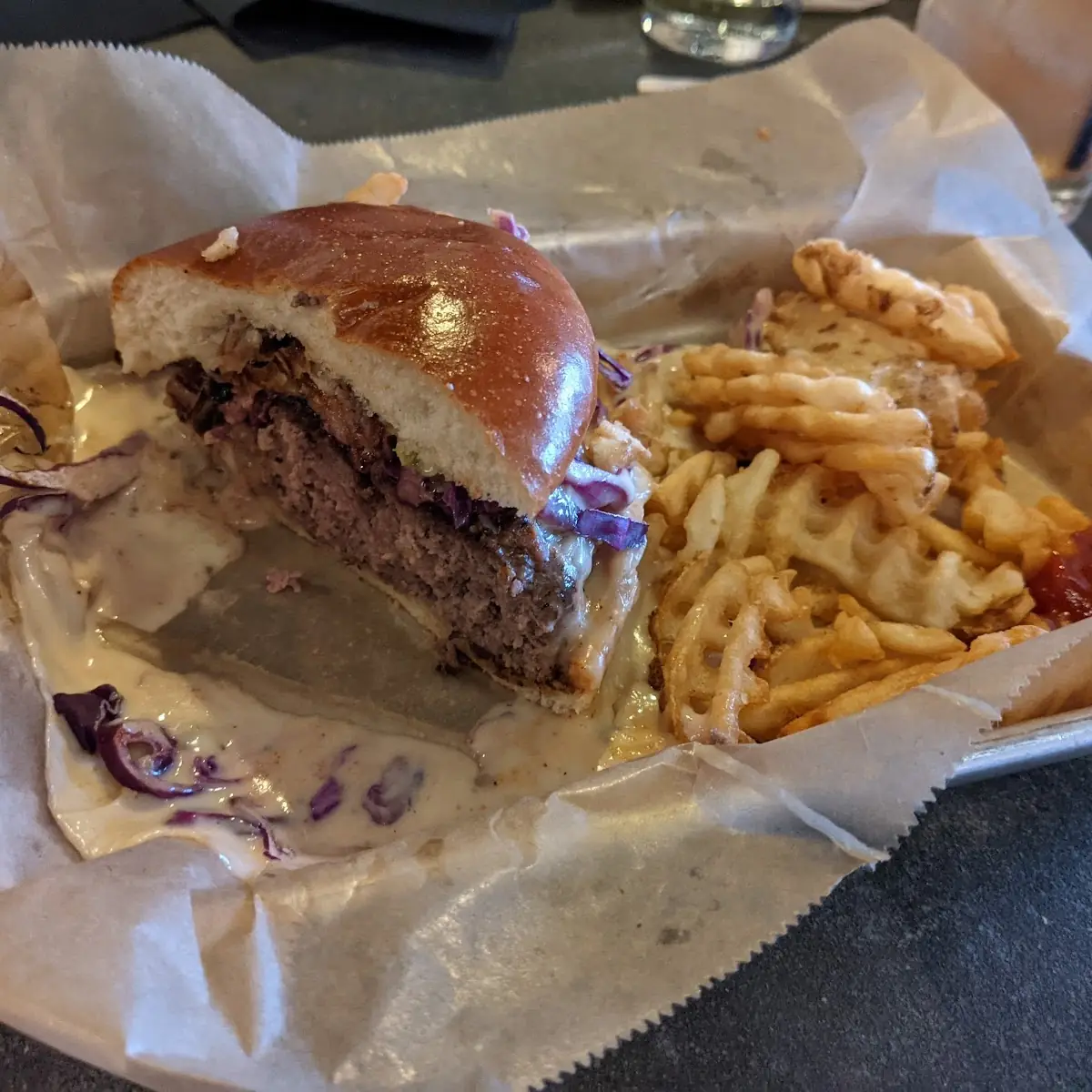 Whiskey Burger with Waffle Fries