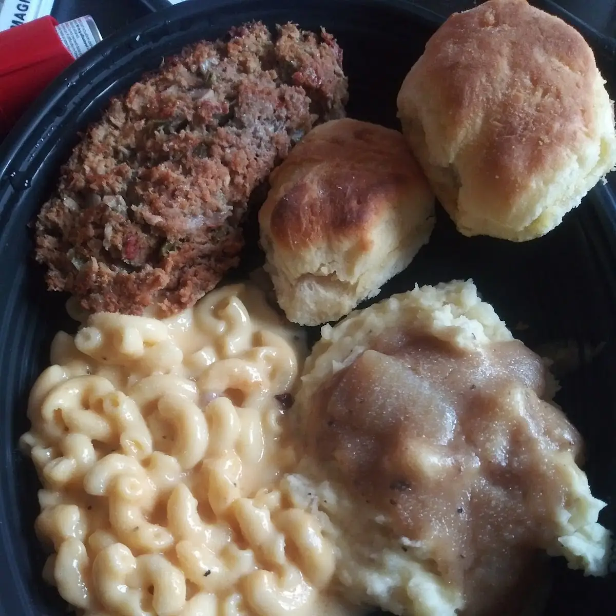 Meatloaf Mashed Potatoes with Gravy and Macaroni and Cheese and Biscuits