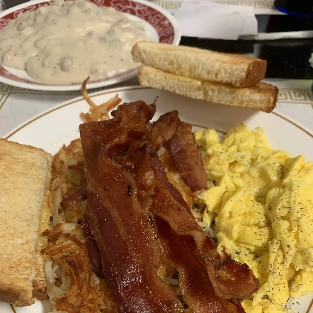Scrambled Eggs Bacon and Hash Browns