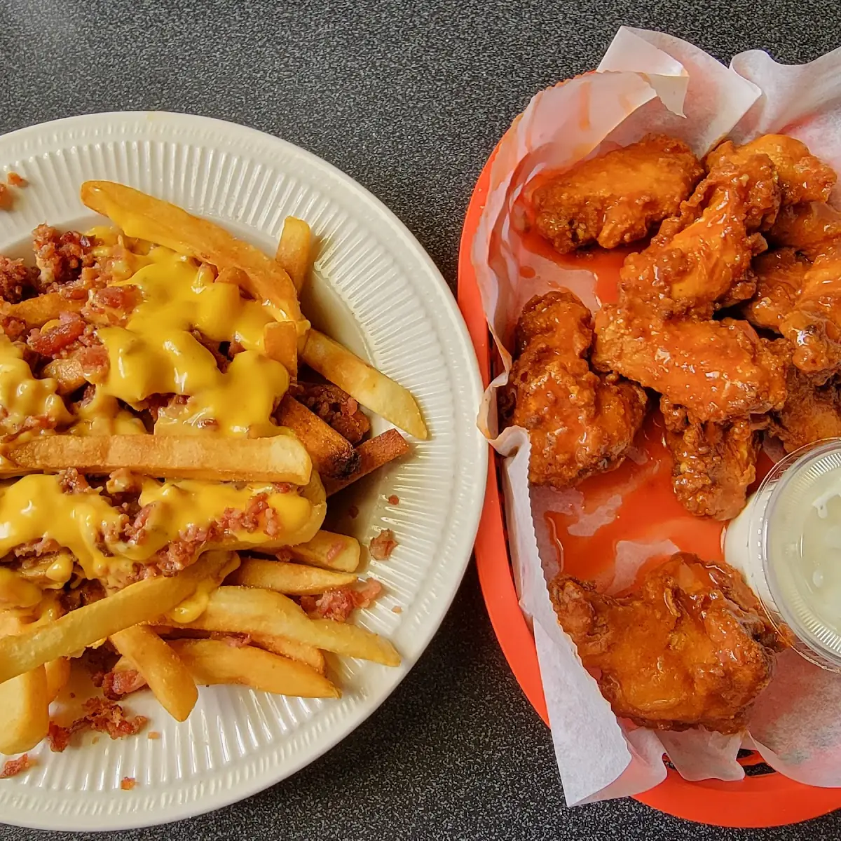 Bacon Cheese Fries and Chicken Wings