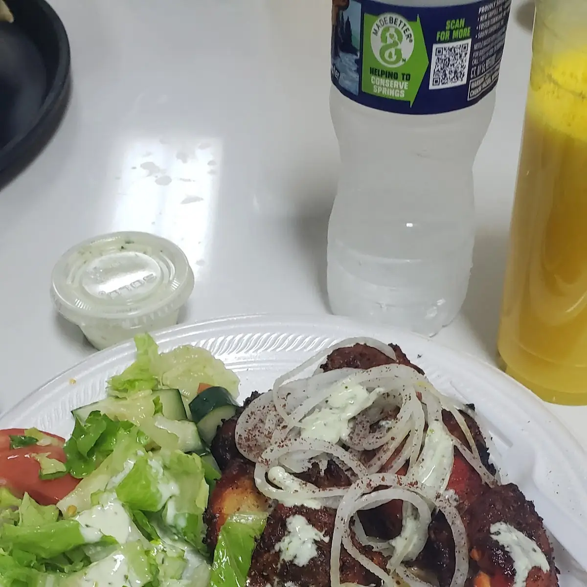 Chicken Bone in Skewer Salad and a Mango Lassi Drink