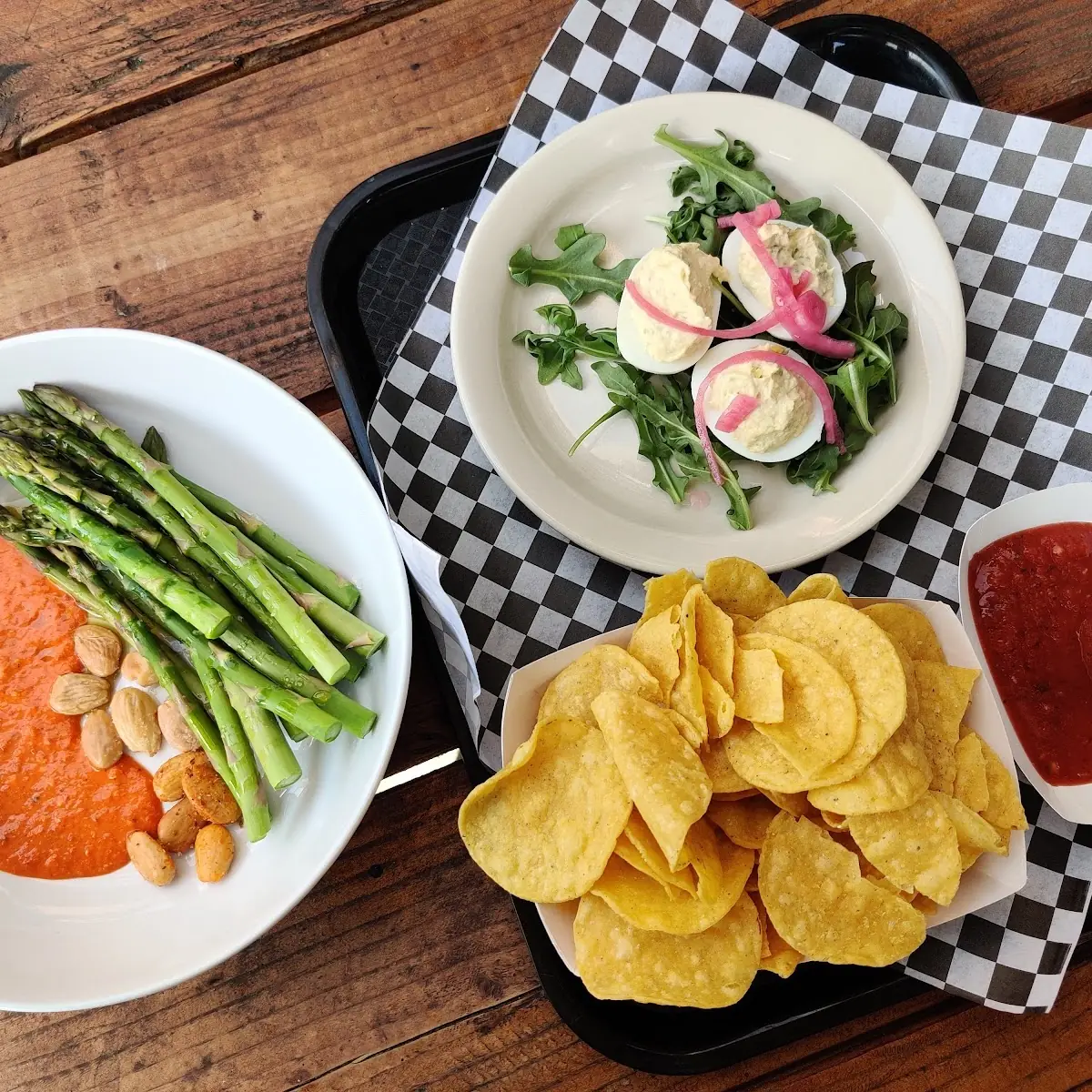 Seasonal Vegetables Chips and Salsa Deviled Eggs