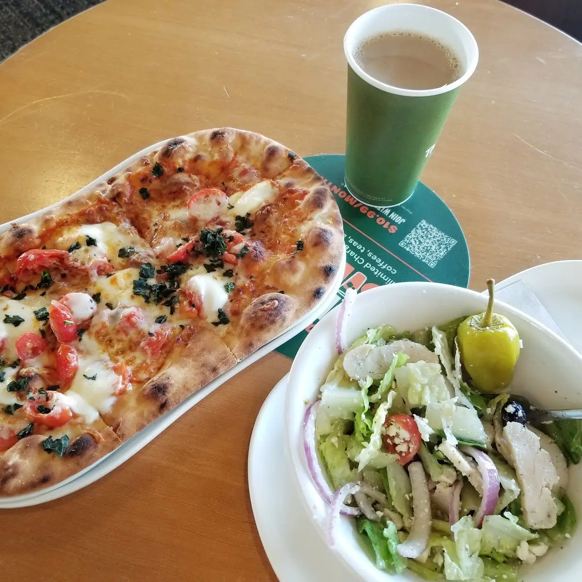 Tomato Mozzarella Flatbread with Greek Salad and Colombian Coffee