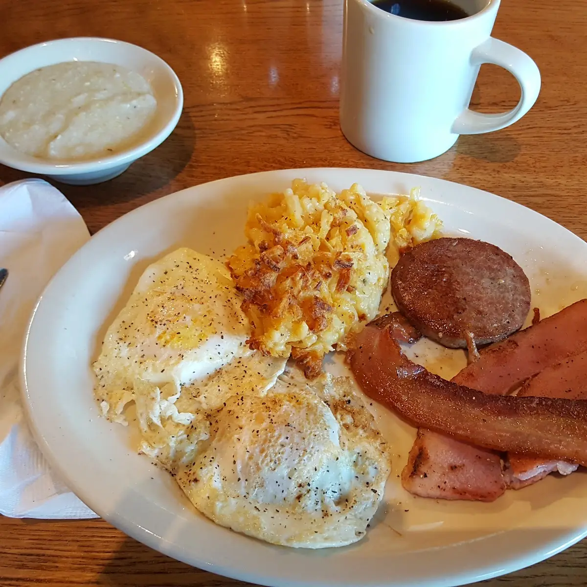 Eggs over Easy with Bacon Sausage Ham