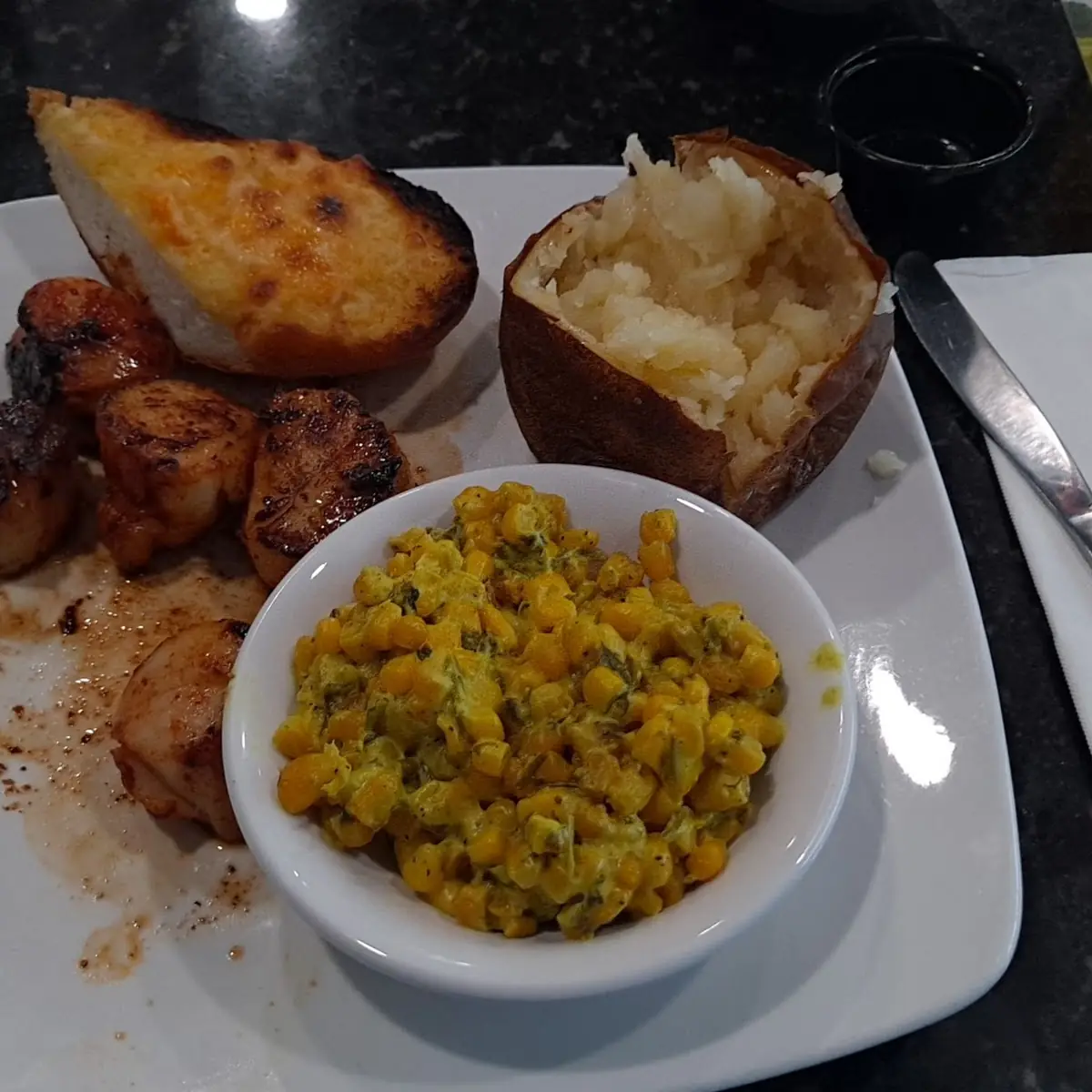 Scallops Baked Potato and Corn