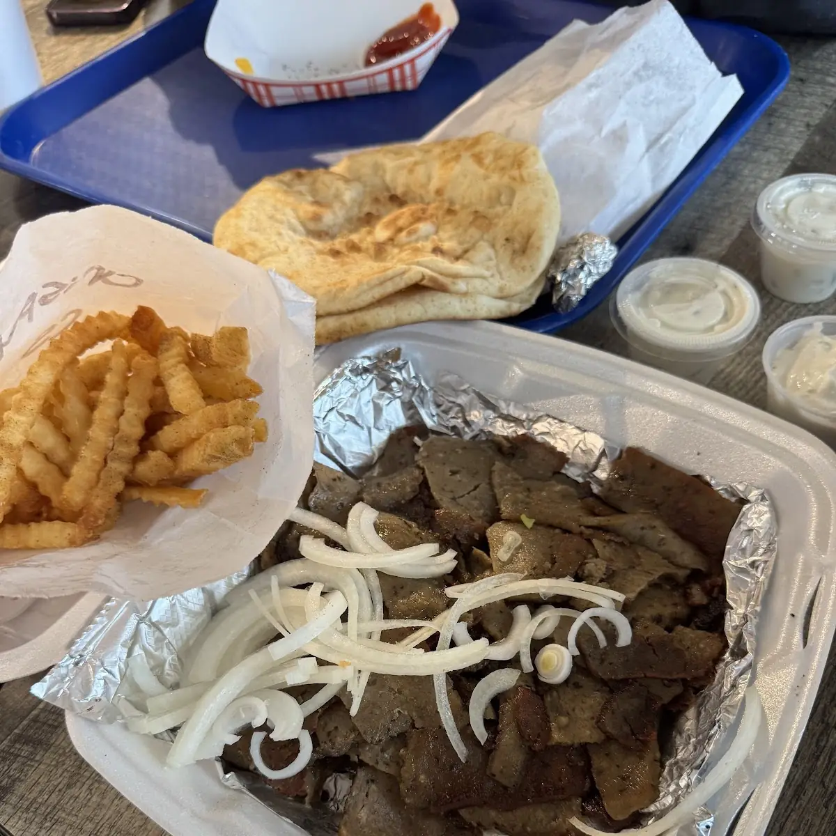 Chicken Gyros w/honey mustard cup, onion and tomato