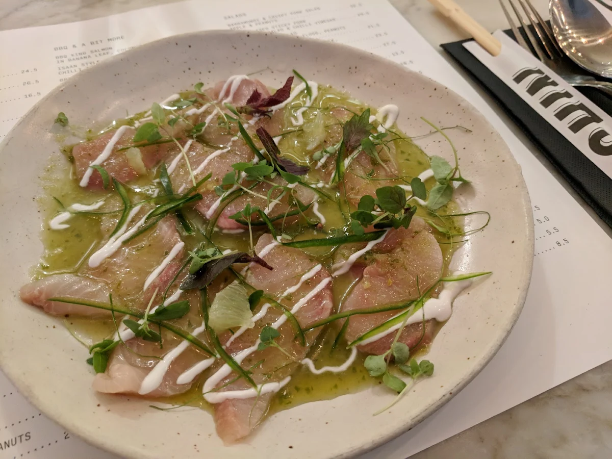 Kingfish Sashimi Lime Chilli Coconut & Thai Basil, Chin Chin