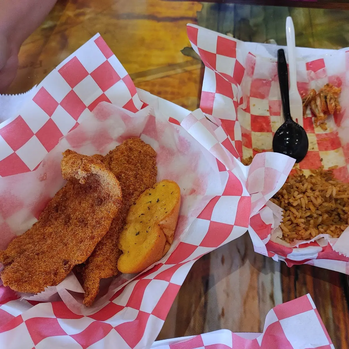 Fried Fish Cajun Rice and Garlic Bread
