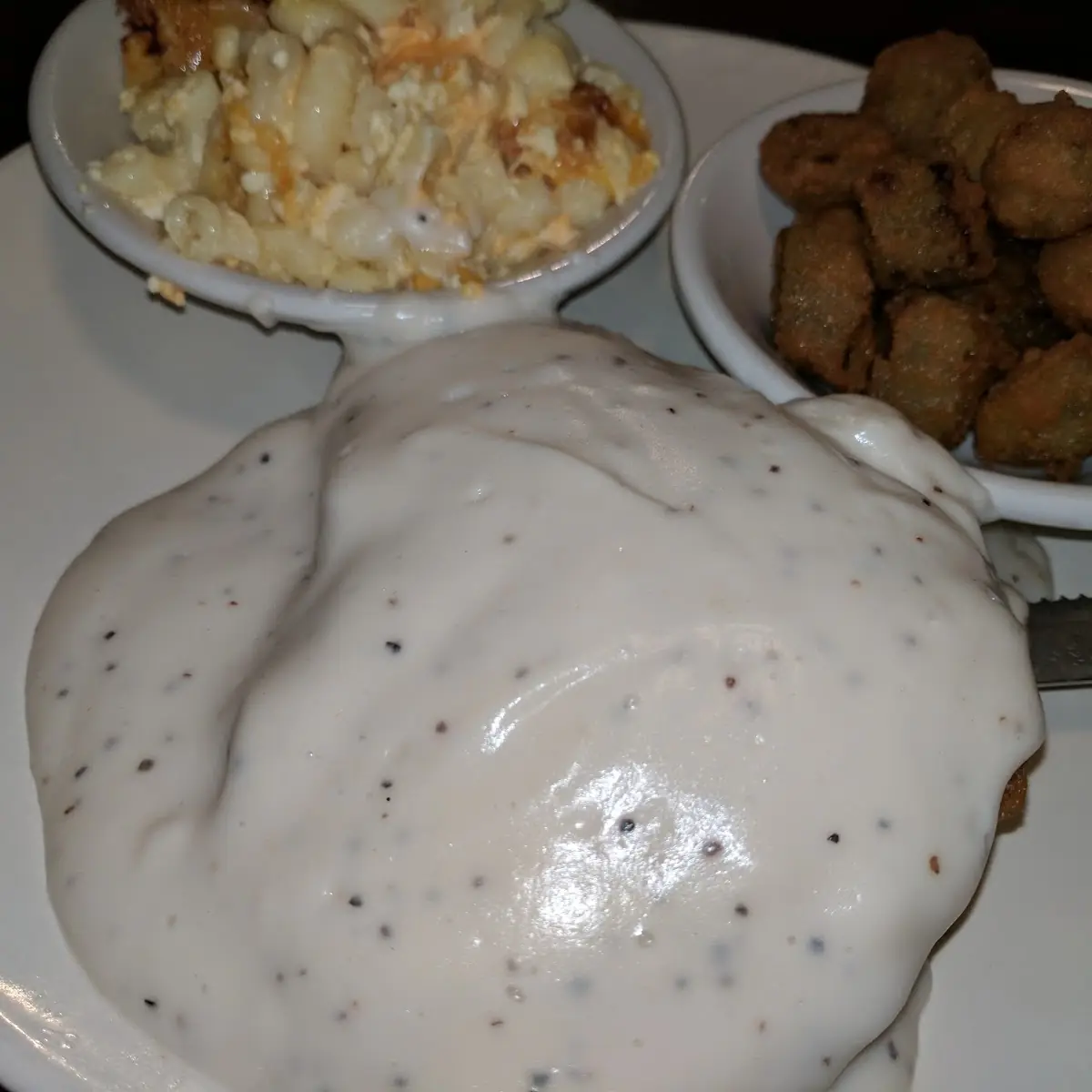 Chicken Fried Chicken Okra and Mac and Cheese