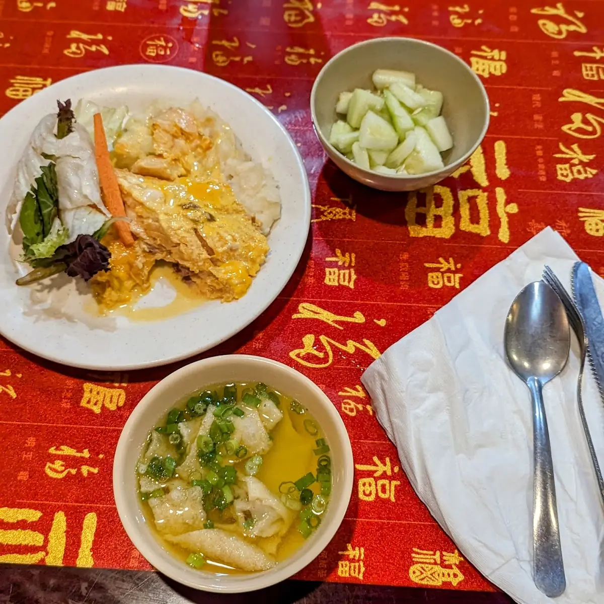 Wonton Soup Salmon Mashed Potato Cucumber Salad