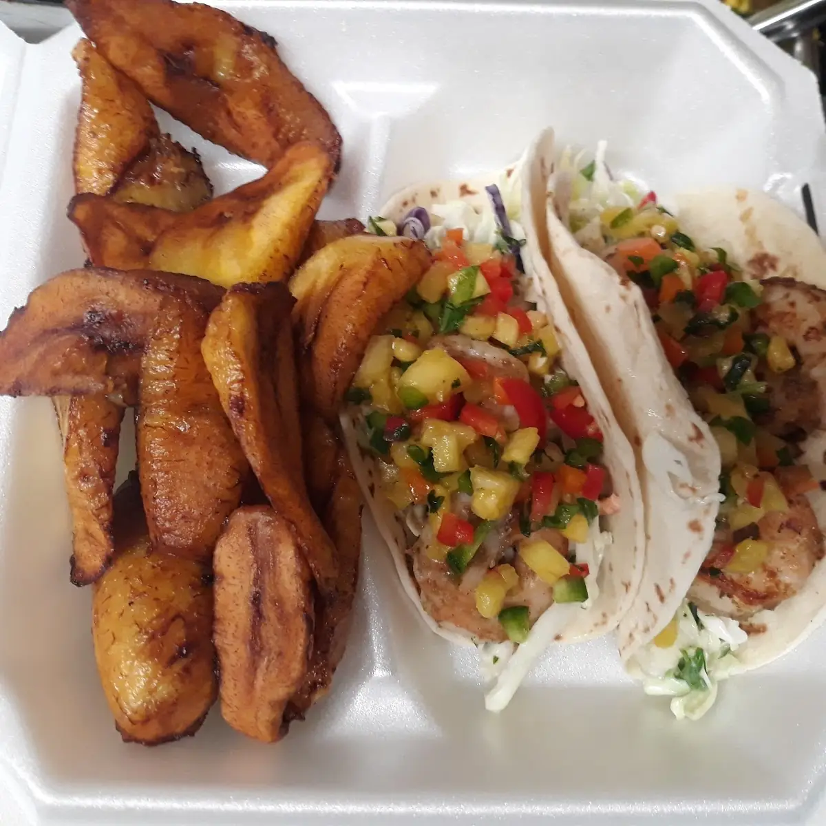 Shrimp Tacos Fresh Pineapple Salsa and Fried Plantains