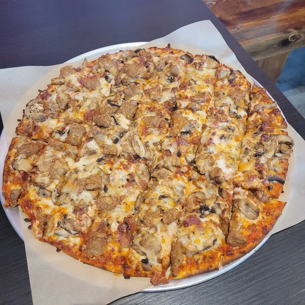 Bacon Sausage and Mushroom Pizza