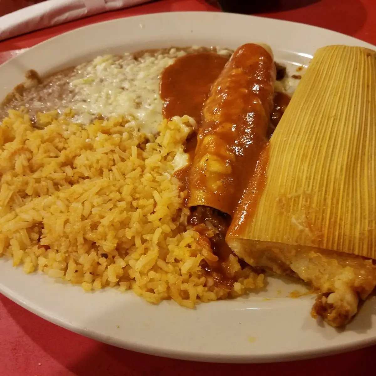 One Beffe Enchilada Rice and Beans