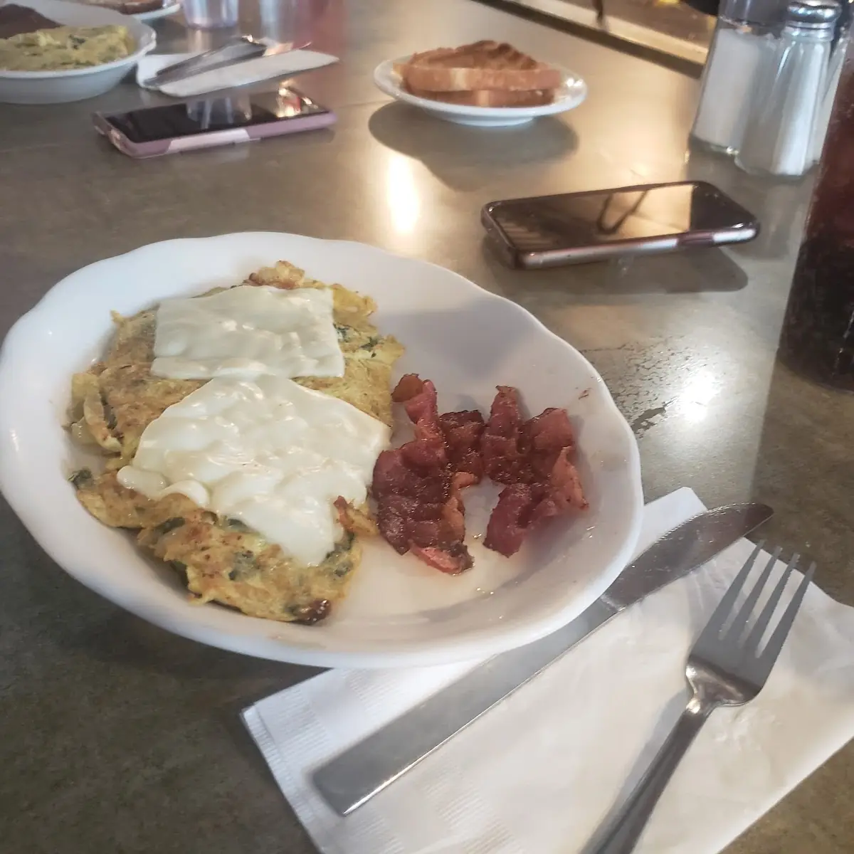 Bacon with Spinach Onion Omelette Cheese on Top