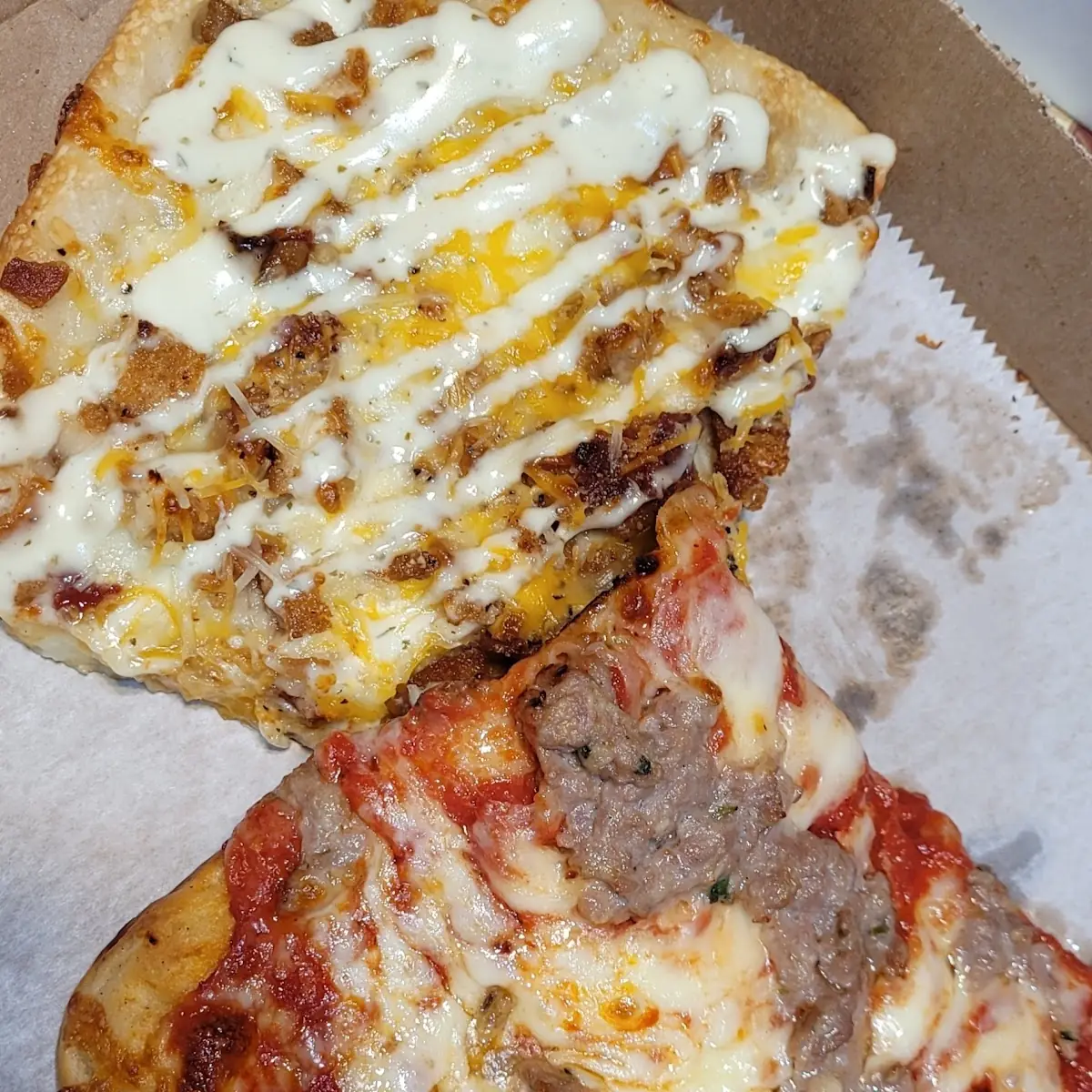 Bacon Chicken Ranch Pizza and Sausage Pizza Slice