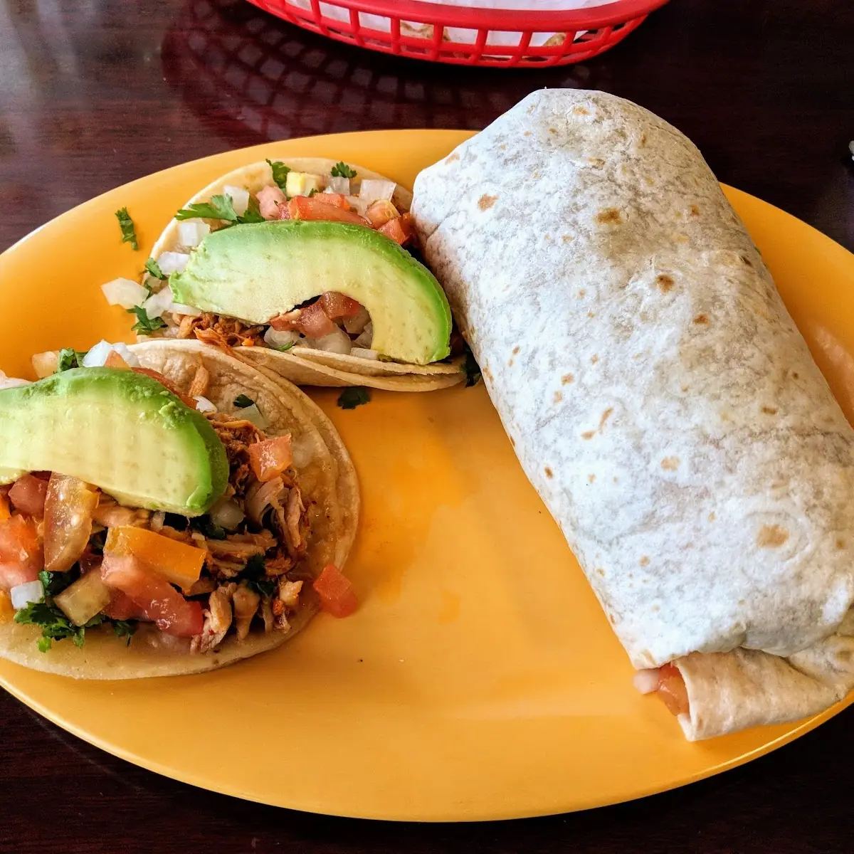 Chicken Tacos and Carnitas Burrito