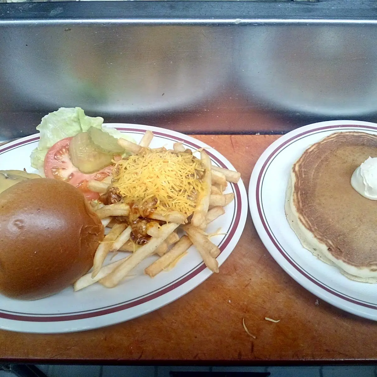 Double Bacon Cheddar Burger with Fries and a Pancake