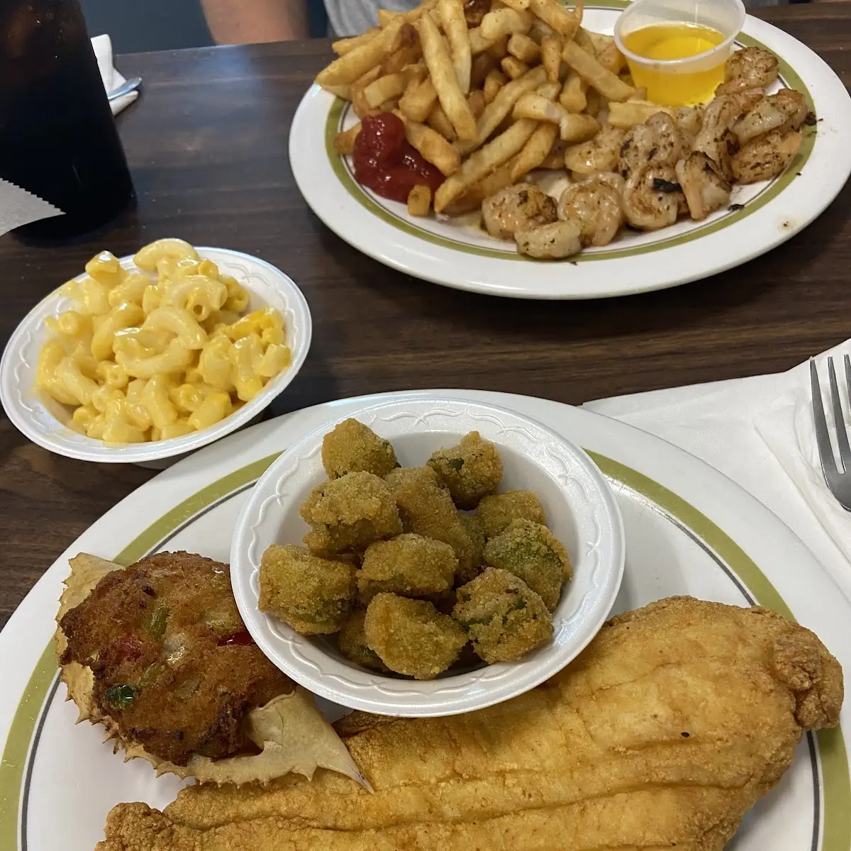 Fried Flounder and Deviled Crab with Okra and Mac and Cheese