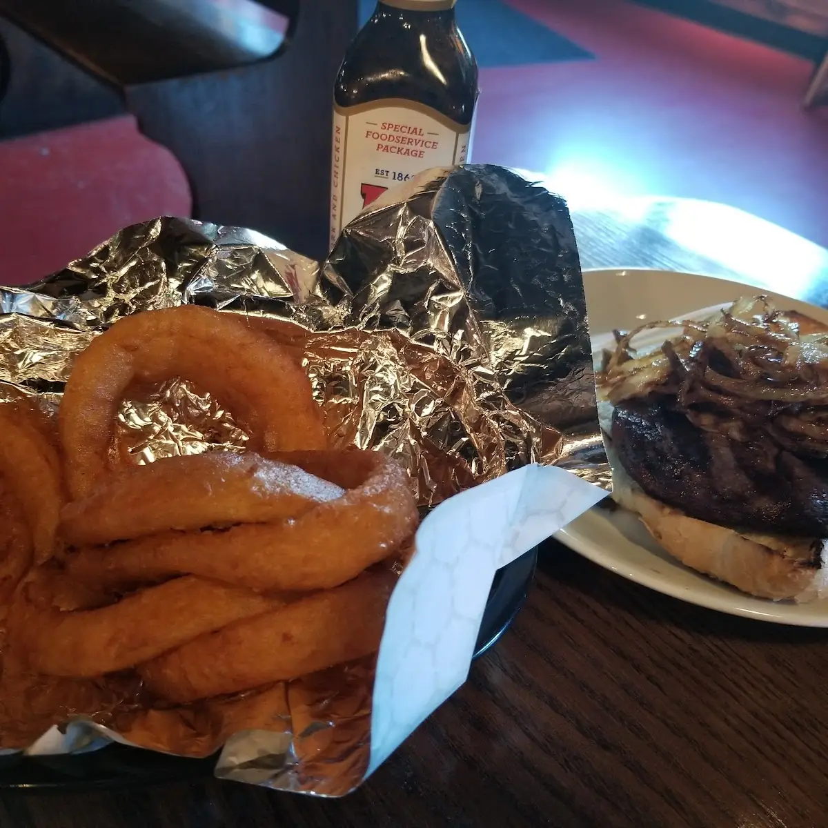 Beer Battered Onion Rings and Steak Sandwich
