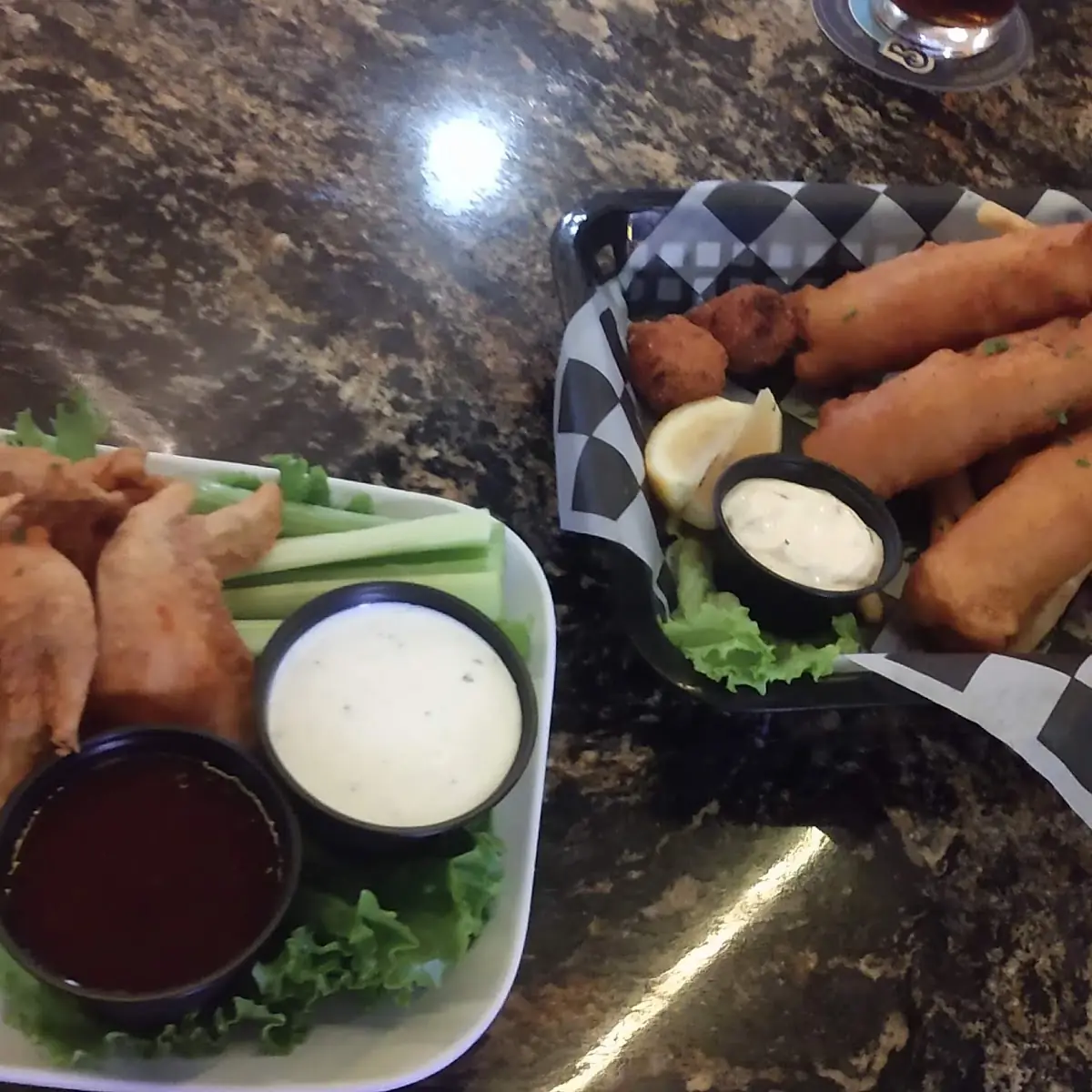 Dry Chicken Wings Sauce in Side Ordered That Way & Fried Fish and Chips