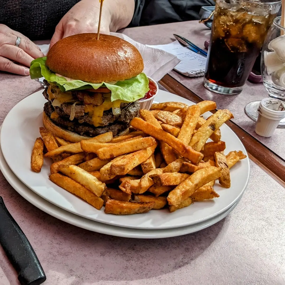 Galiano Burger with Triple Patties, Hummingbird Pub & Family Restaurant