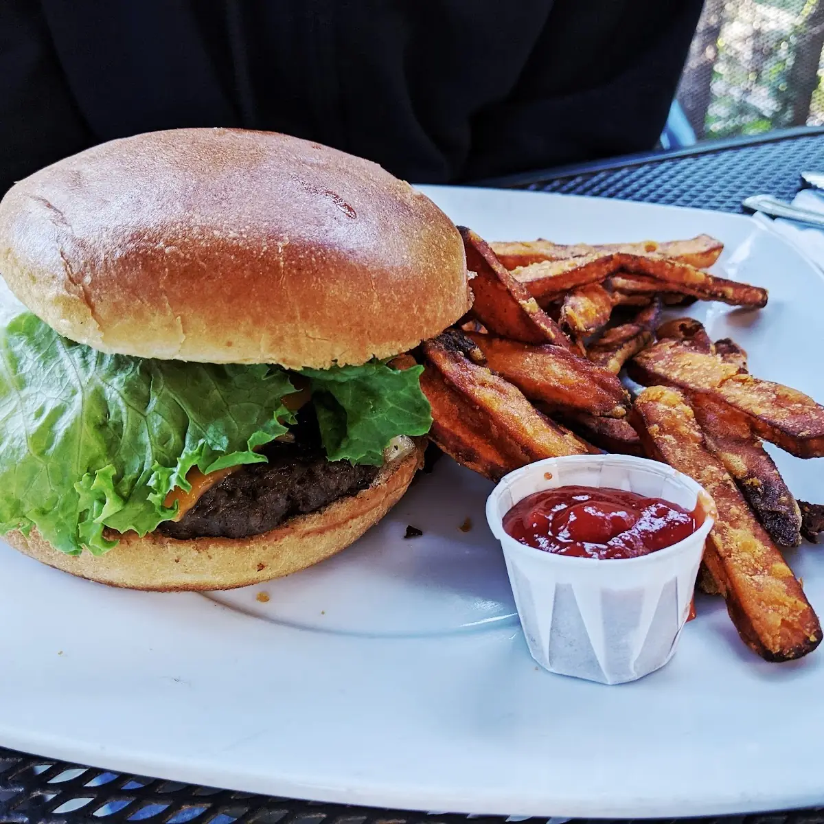 House Burger with Yam Fries, Hummingbird Pub & Family Restaurant