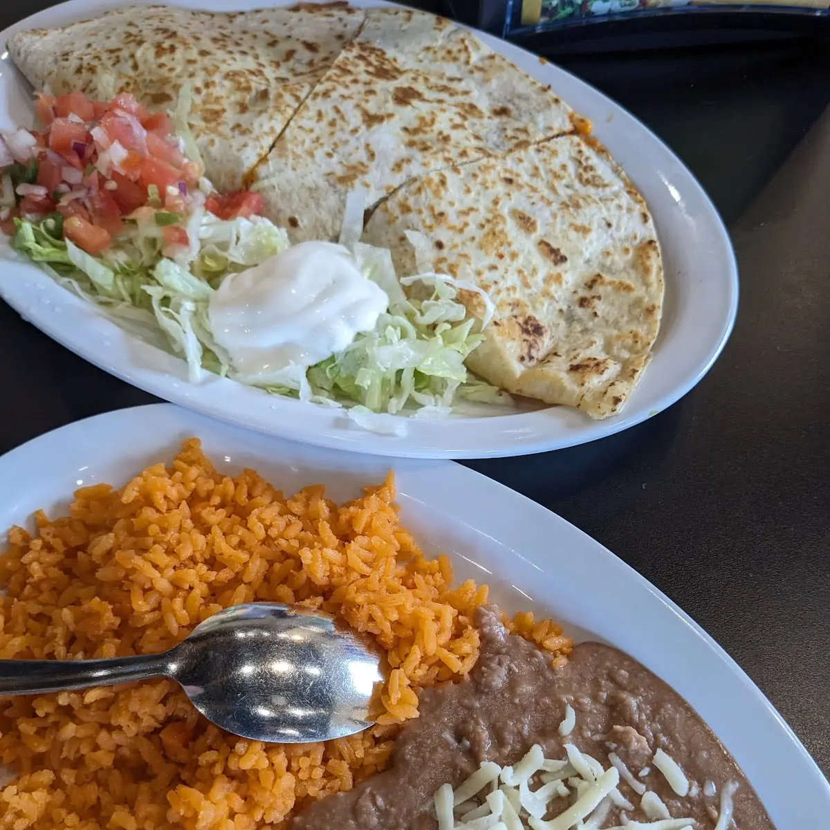 Chicken Quesadilla with Rice and Beans