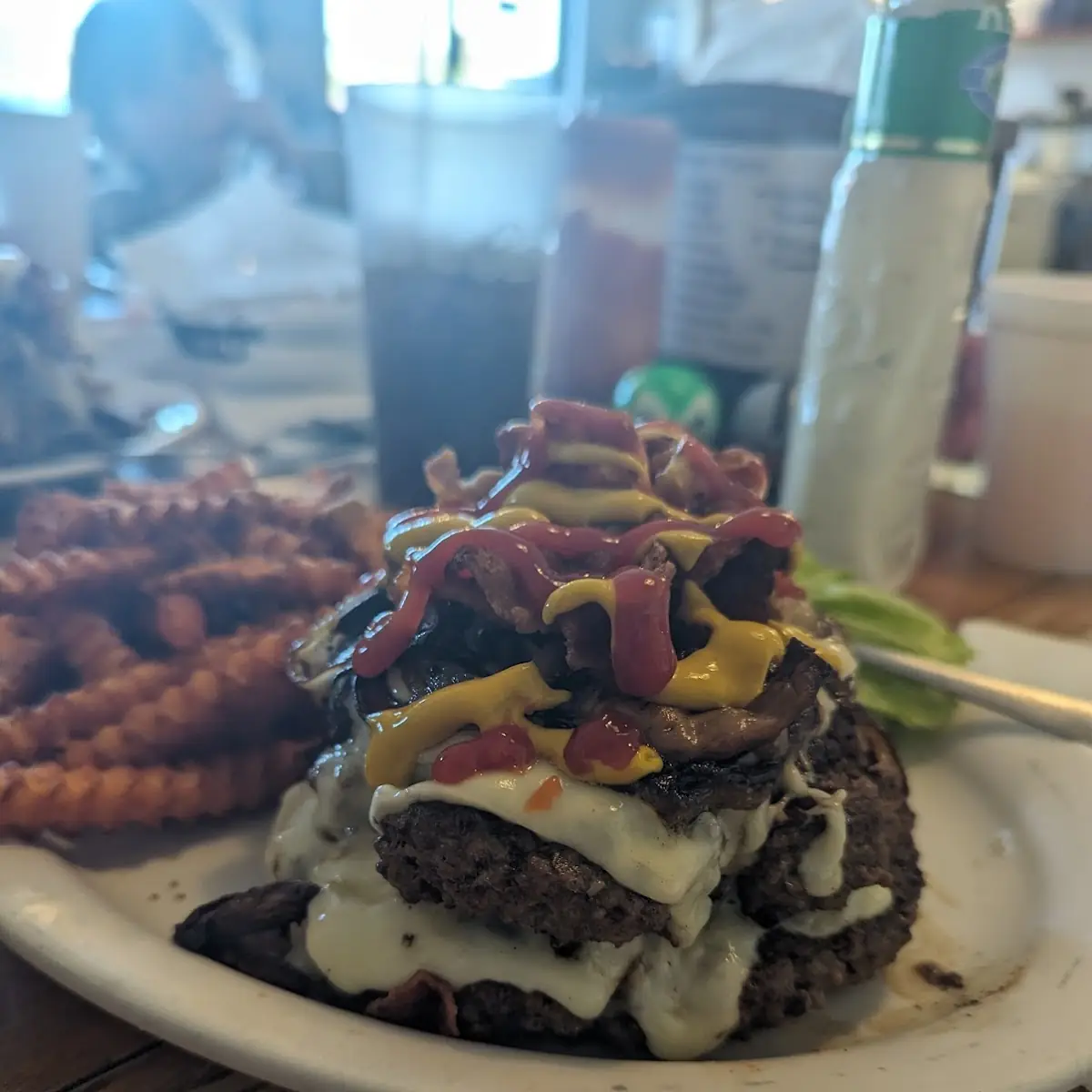 Double Half Pound Bacon Cheese Burger with Grilled Onions and Mushrooms No Bun