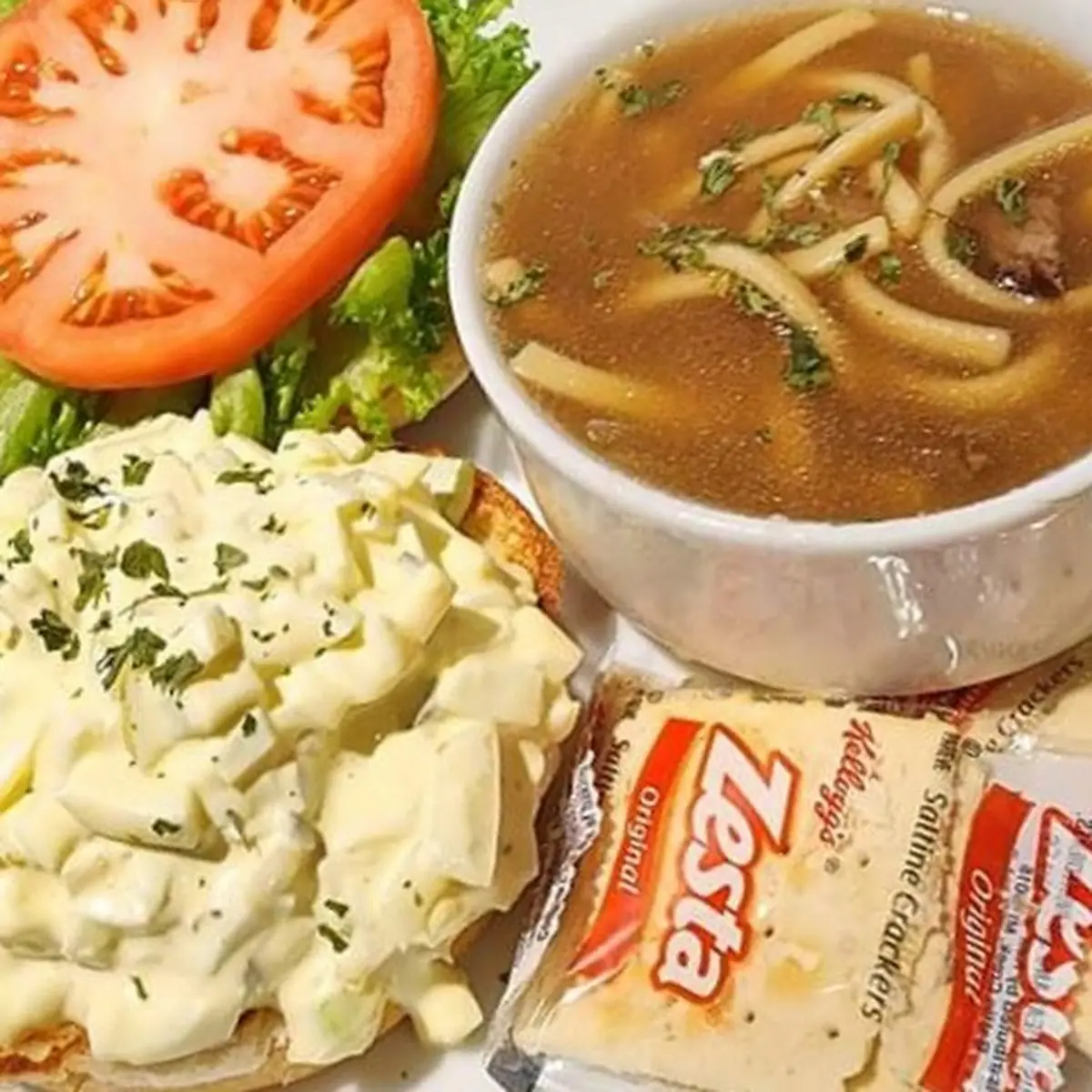Egg Salad Sandwich and Beef Noodle Soup