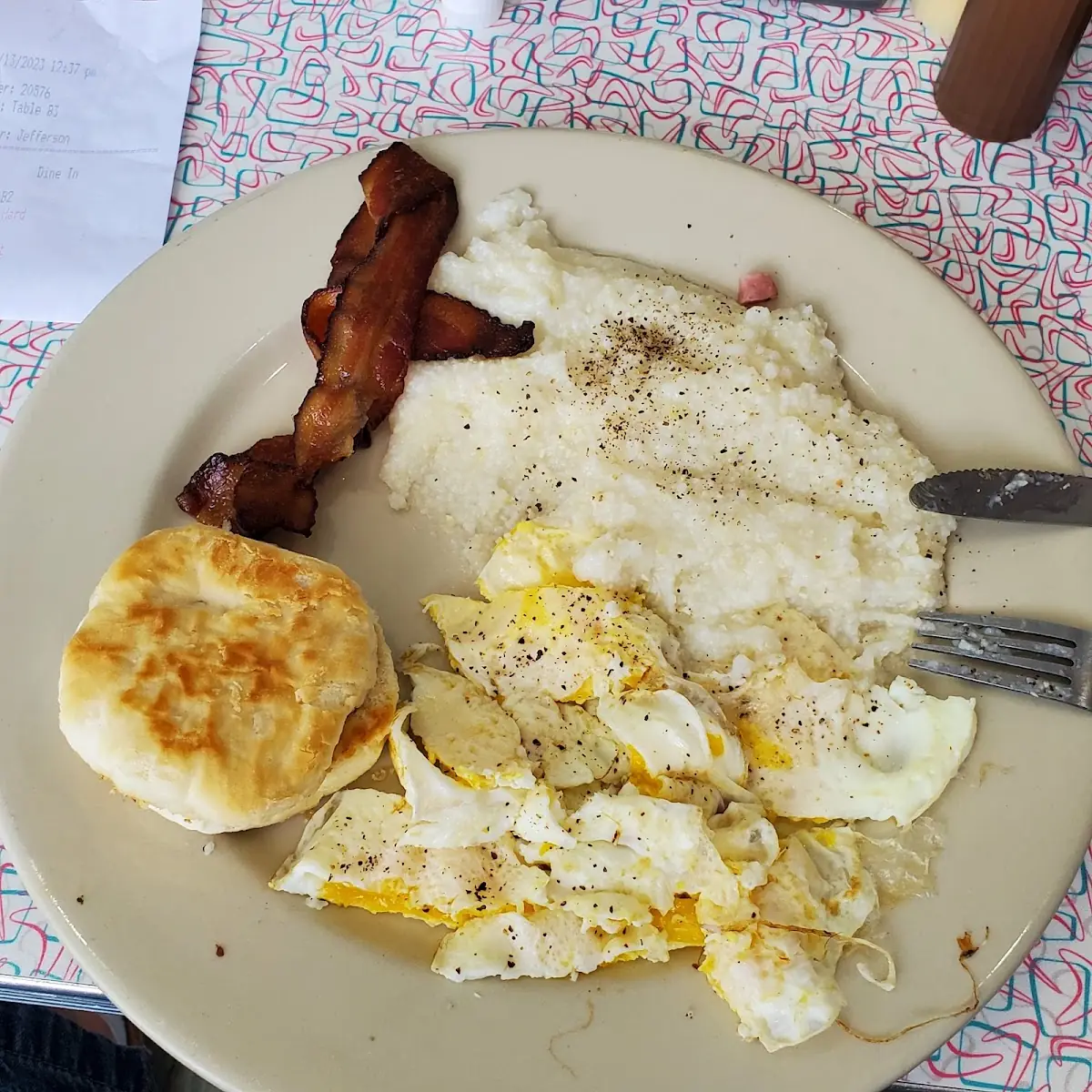 Bacon Egg Grits Hash-Brown and Biscuit