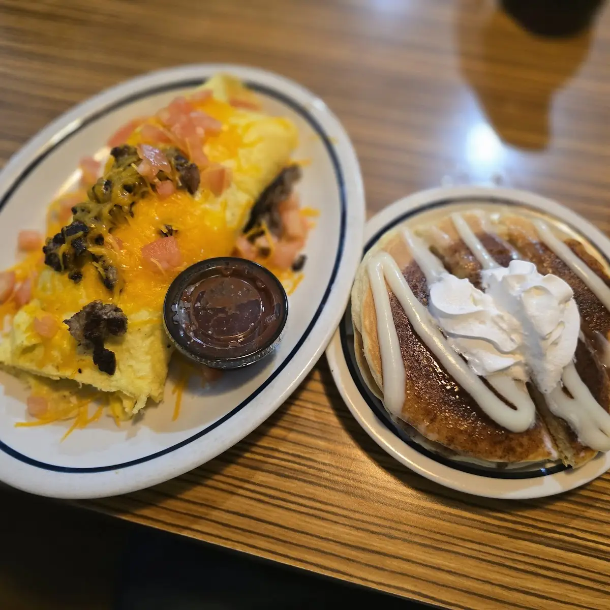 Steak Omelette with Cinn a Stack Pancake Breakfast