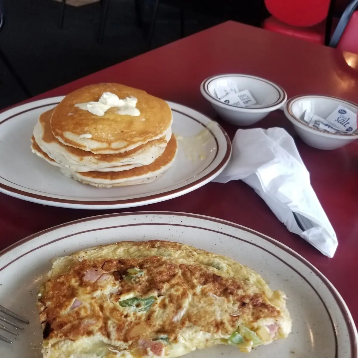 Slightly Overdone Denver Omelette with Pancakes