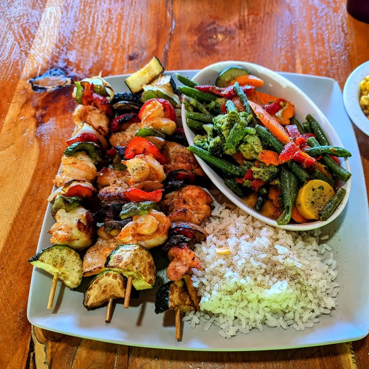Mixed Kabobs with White Rice and Steamed Mixed Veggies