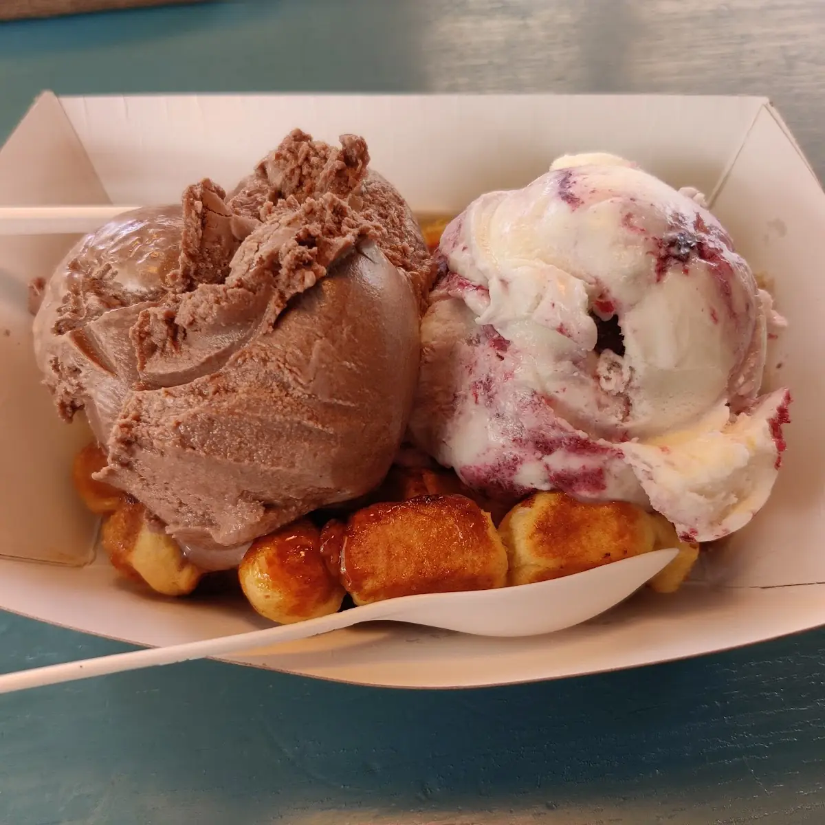 Waffle with Milk Chocolate and Cherry Vanilla Ice Creams