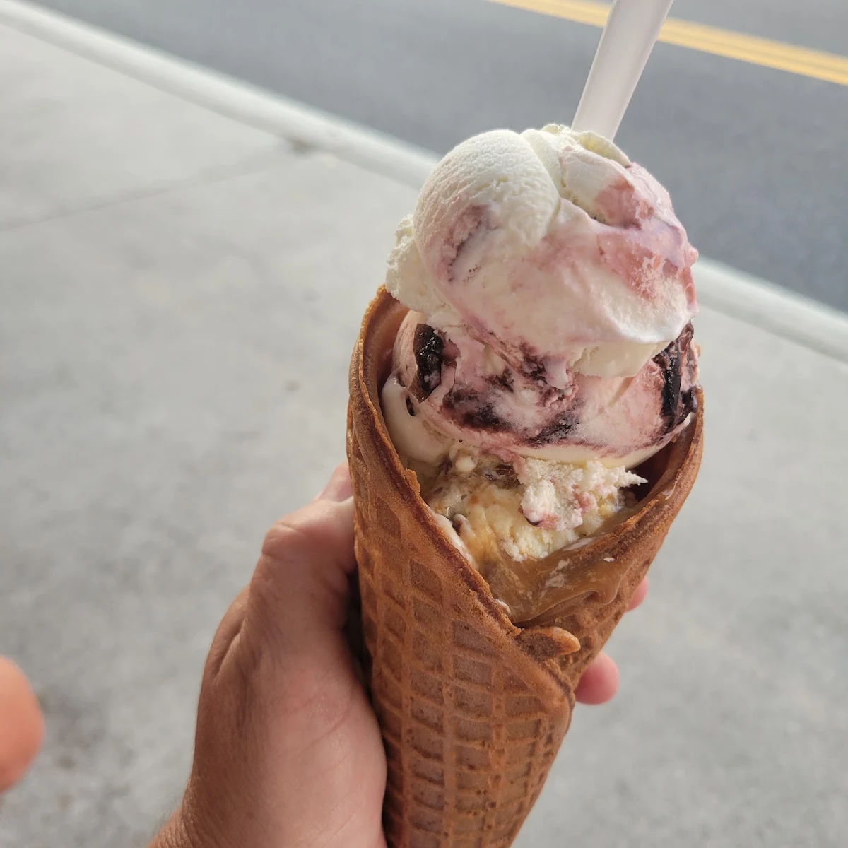 Cherry Vanilla Ice Cream in a Waffle Cone