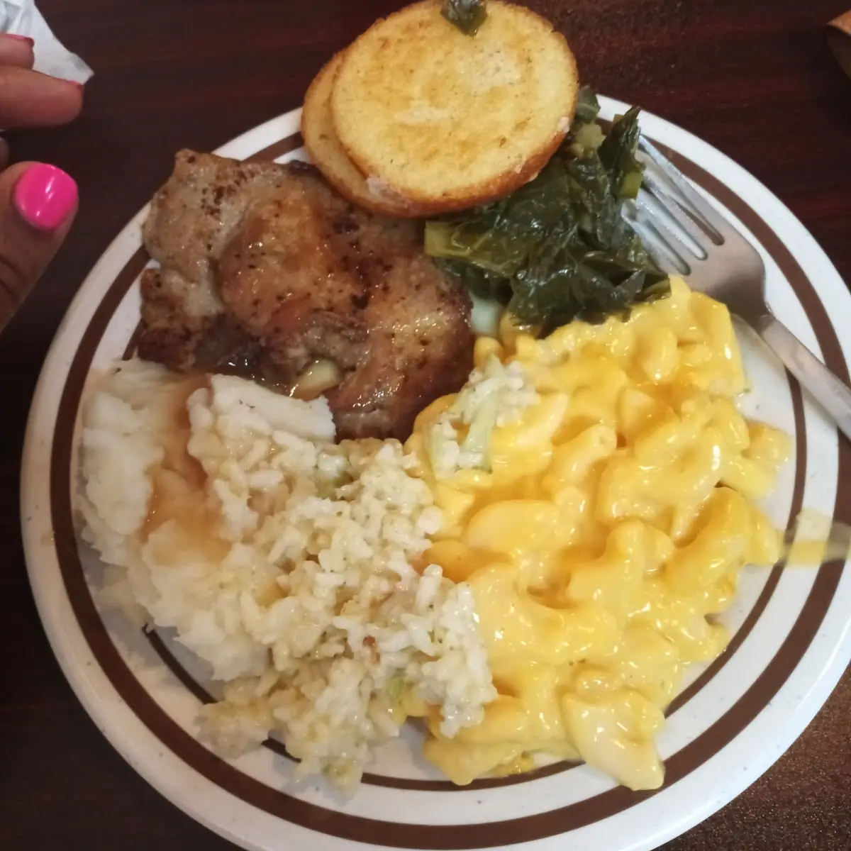 Mashed Potatoes Pork Chops Collars Man and Cheese Corn Bread Broccoli Cheese and Rice Casserole