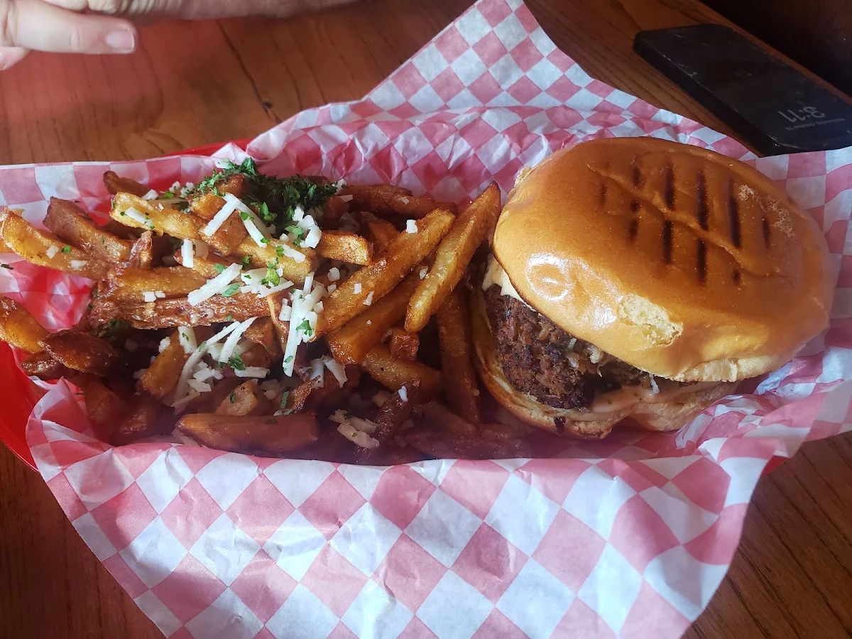 Mushroom Burger and Parmesan Fries with Vegan Cheese