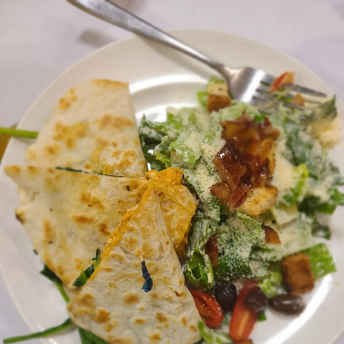 Chicken Quesasilla and Caesar Salad