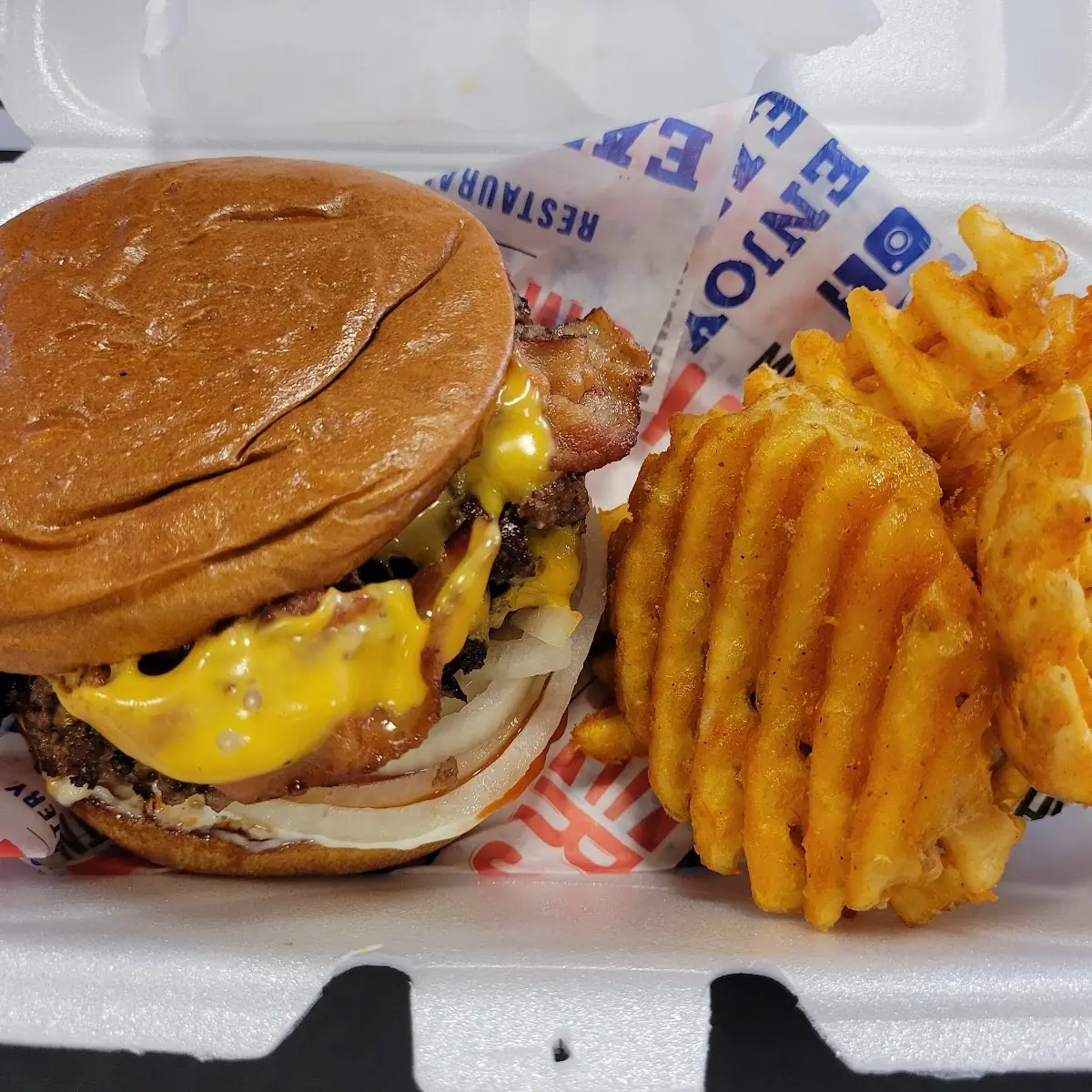 Bacon Cheeseburger and Waffle Fries