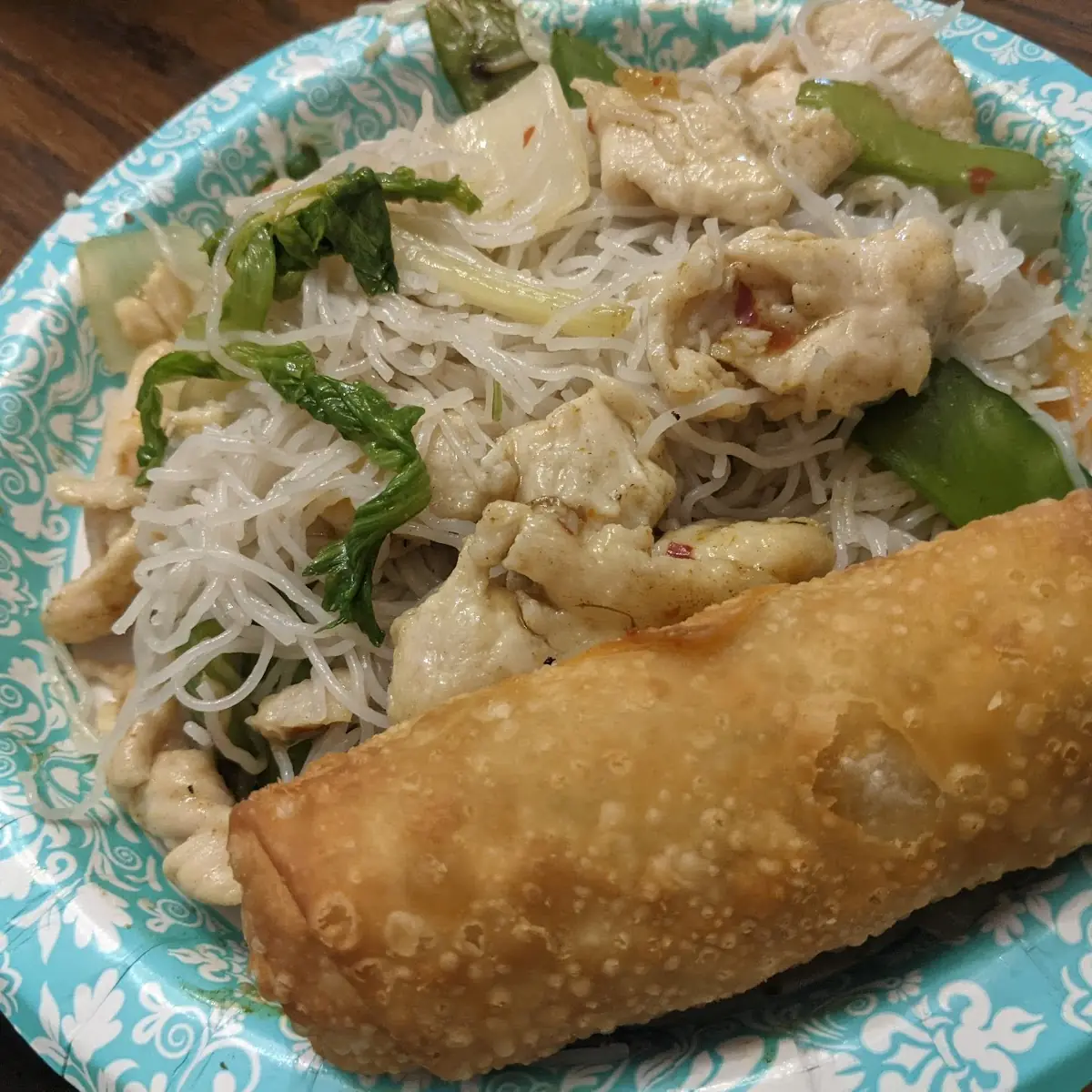 Curry Chicken with Chow Fun Veggies and Chicken Egg Roll