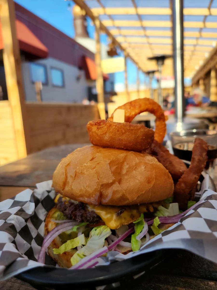 Jug Burger and Onion Rings