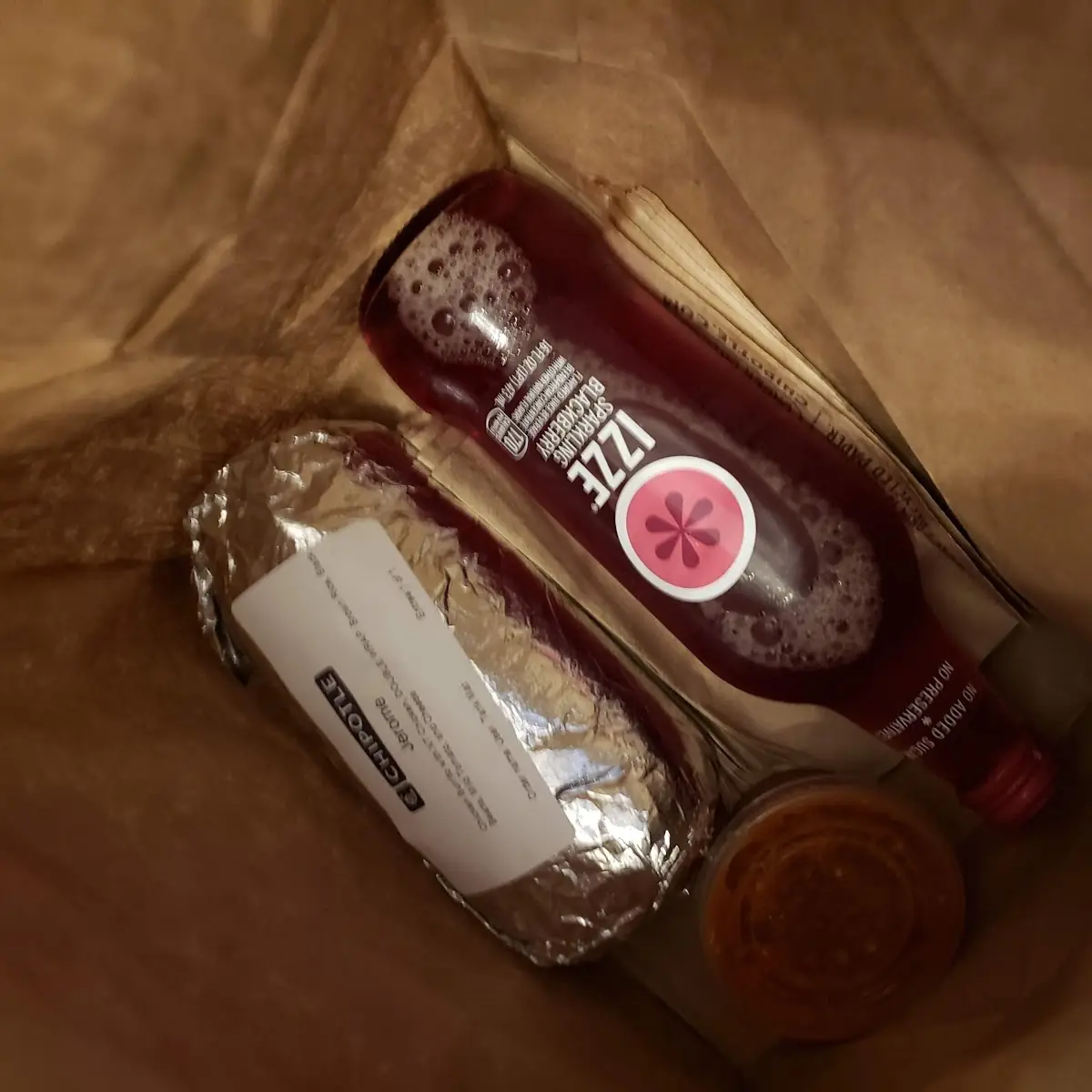 Chicken Burrito and Izze Drink