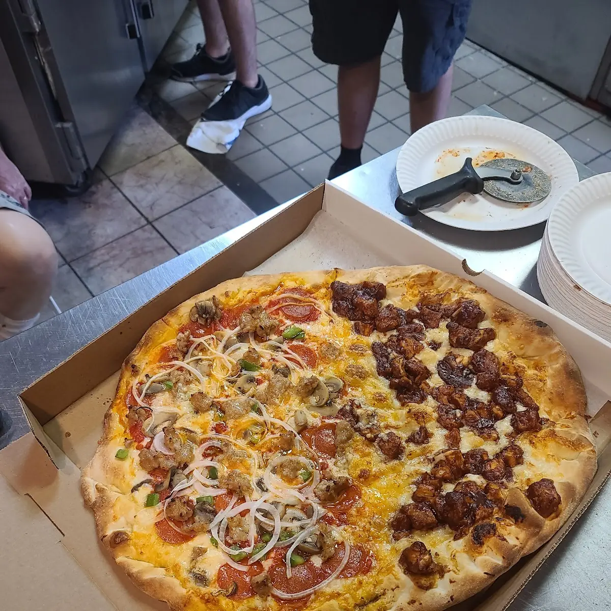 Half Deluxe Half BBQ Chicken Pizza