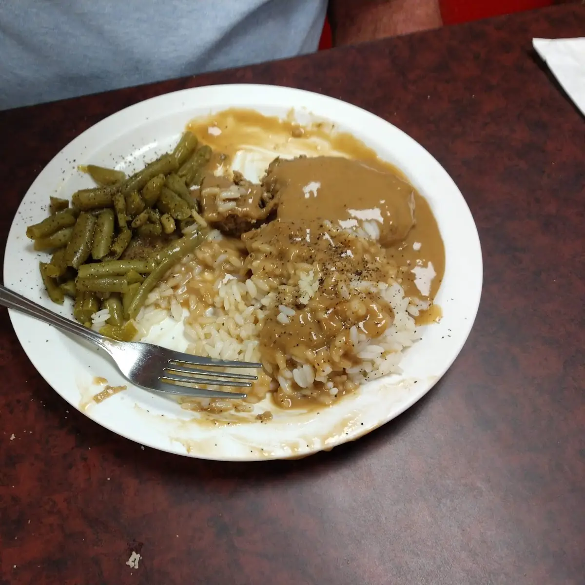Be Fried Steak Rice and Gravy Green Beans