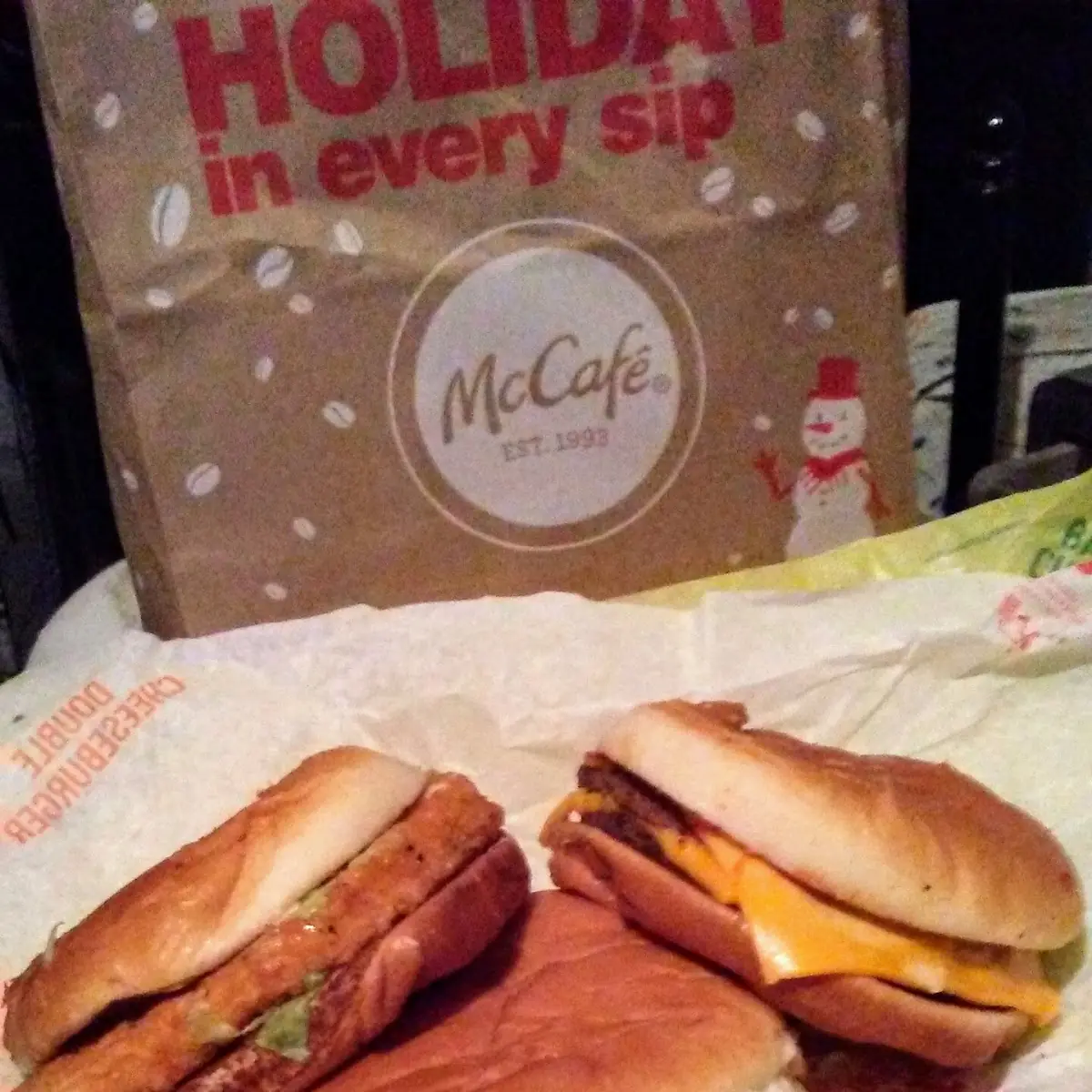 Two mc Chicken Sandwiches and a mc Double Cheeseburger