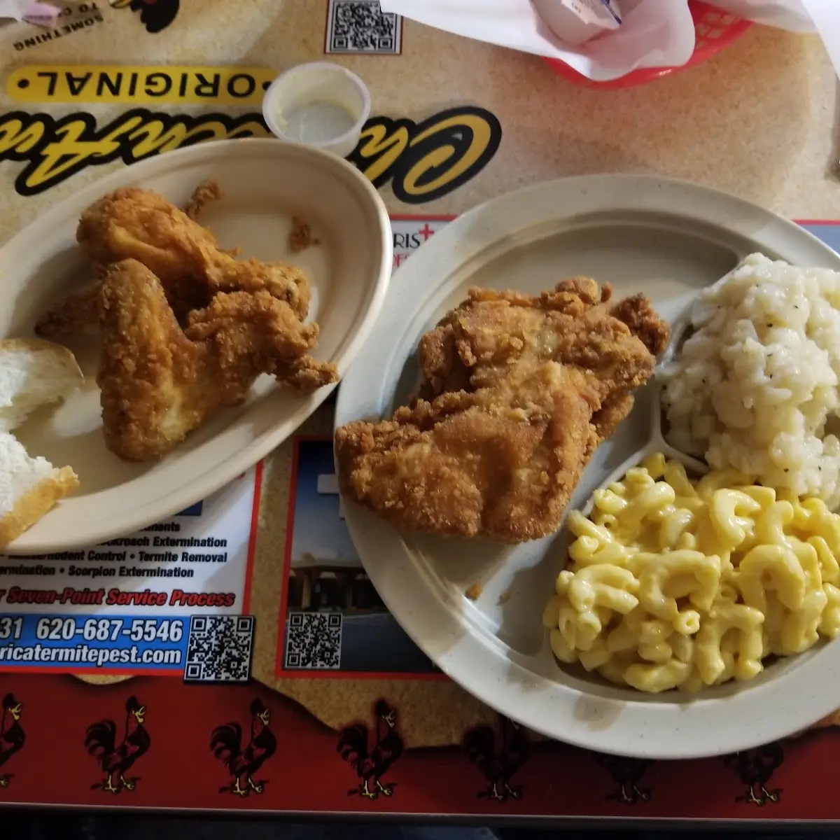 Fried Chicken with Mashed Potatoes and Mac and Cheese