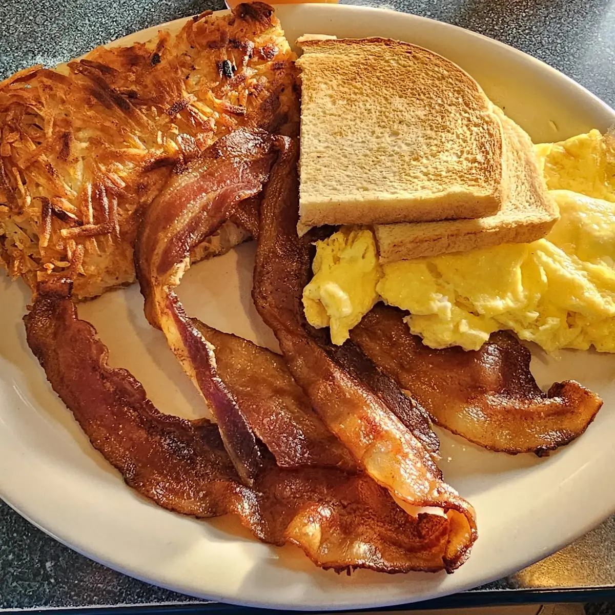 Scrambled Eggs Bacon and Hash