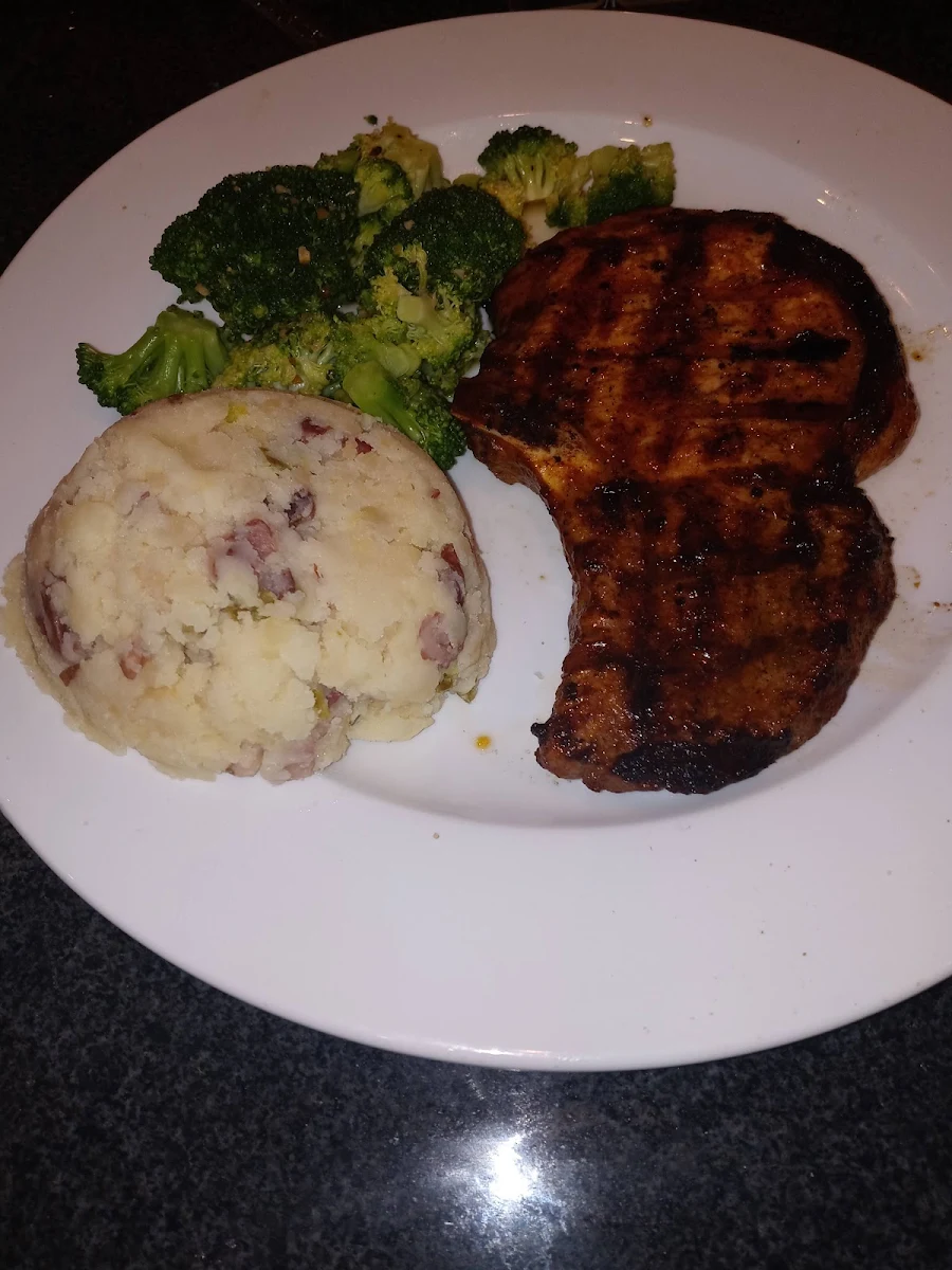 Grilled Pork Chop Mashed Potatoes and Steamed Broccoli