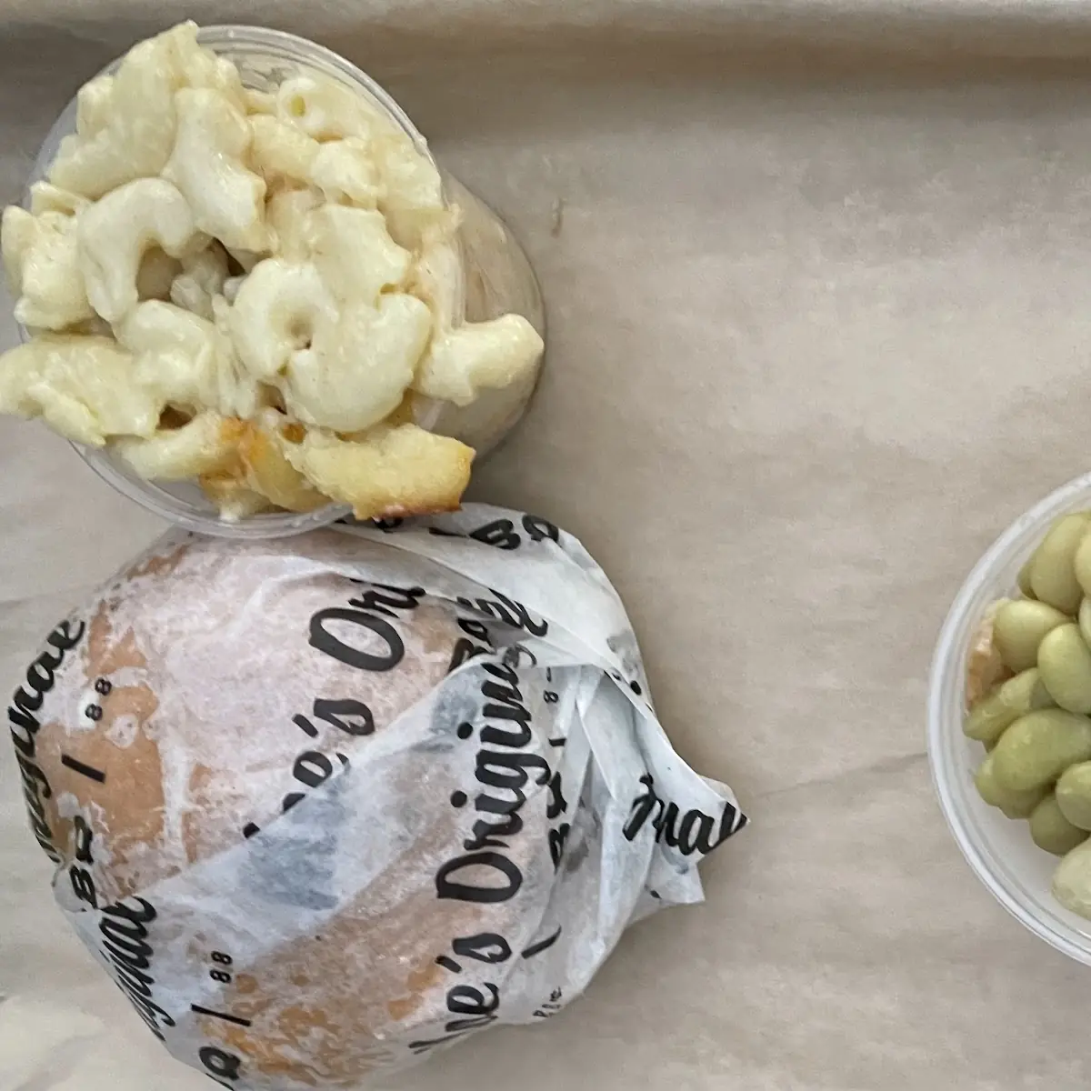 BBQ Sandwich with Lima Beans and Mac & Cheese